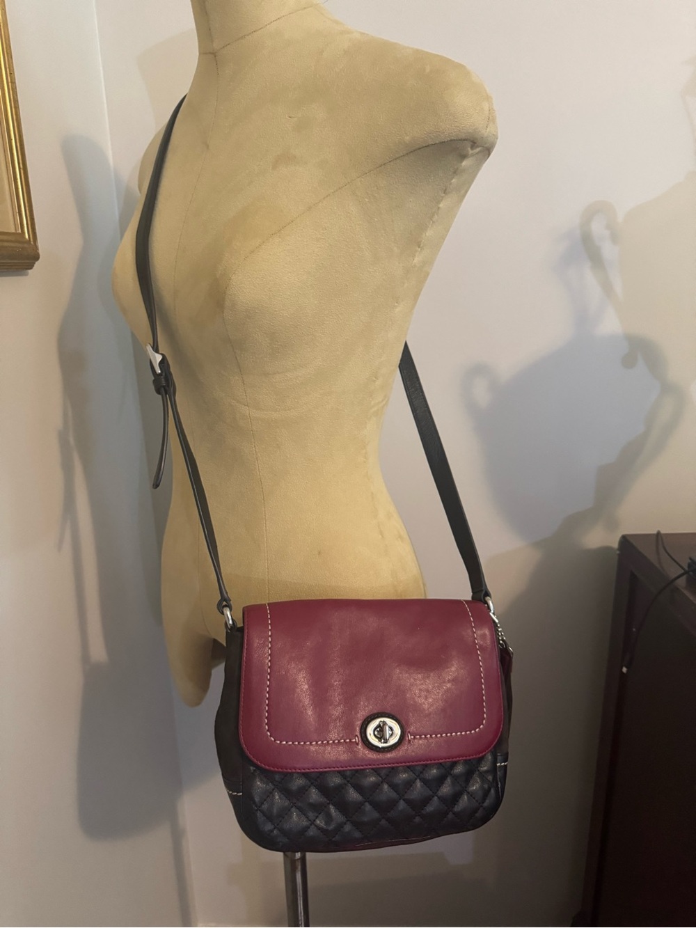 Coach Two-Tone Quilted Crossbody Bag - Burgundy and Black